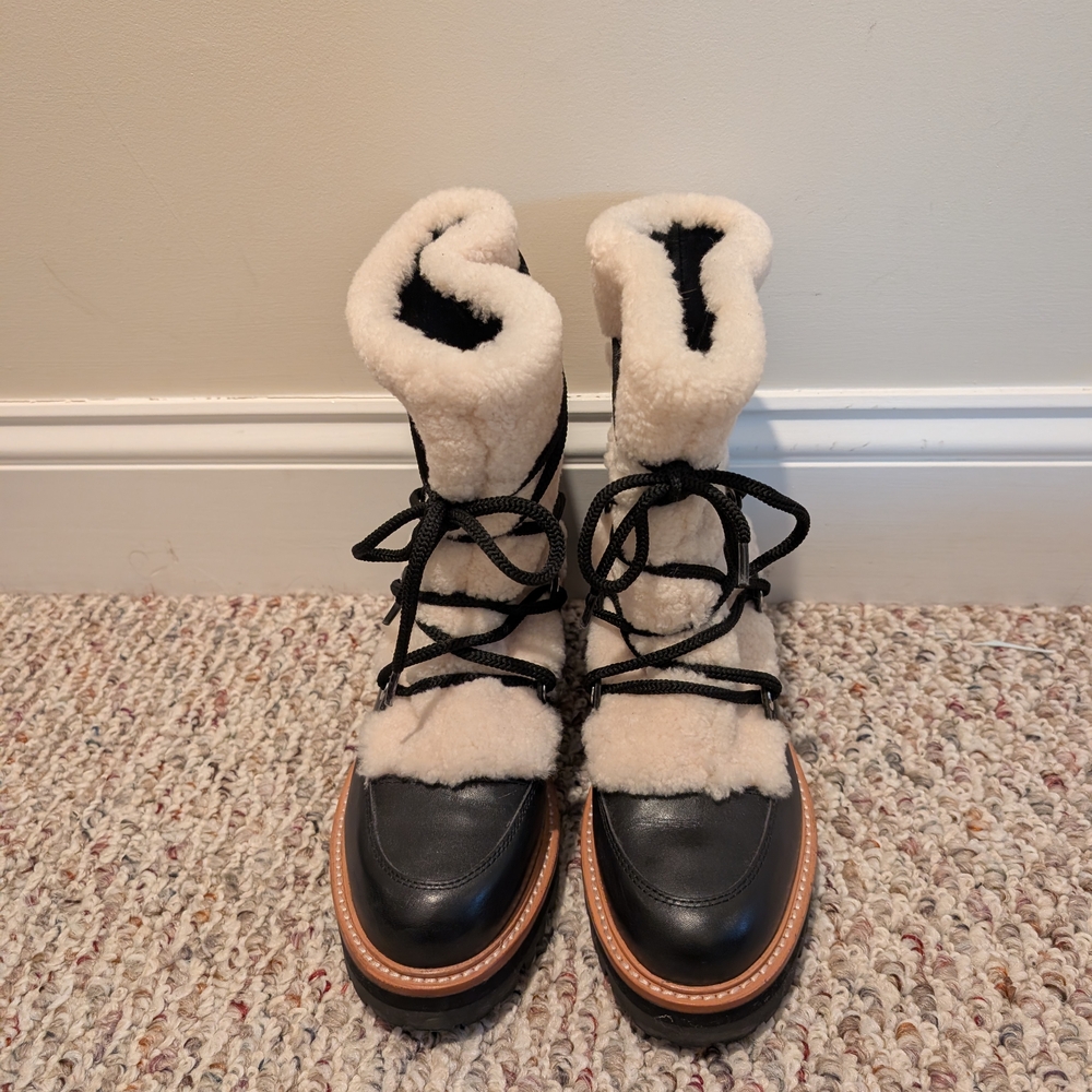 Marc Fisher Black Lug-Sole Ankle Boots with Tan Trim - Picture 2 of 7